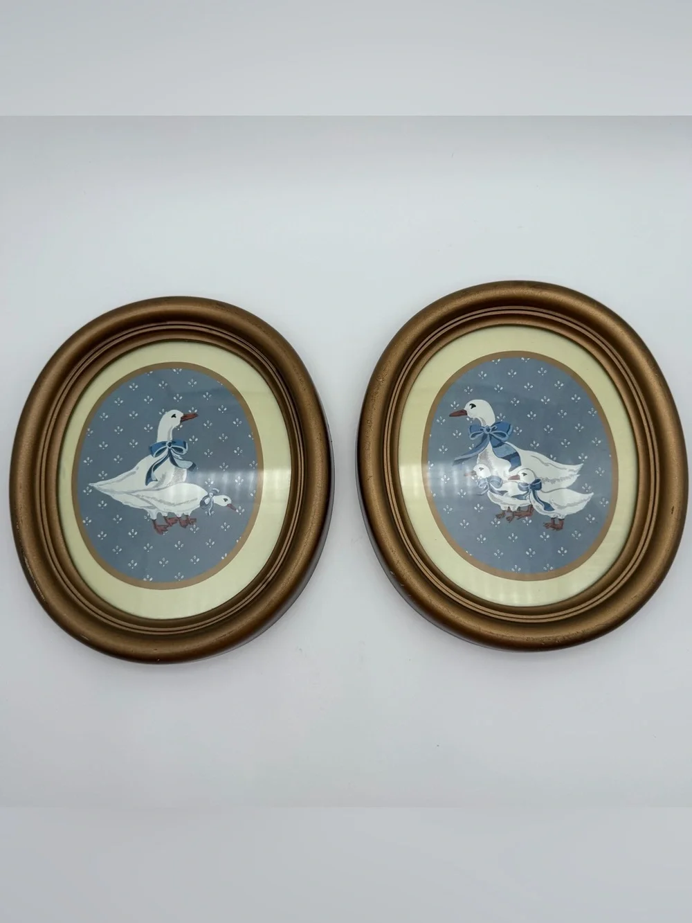 Vtg 1985 Homco Country Duck Set 2 Gold Oval Frames Goose Blue Cottagecore READ